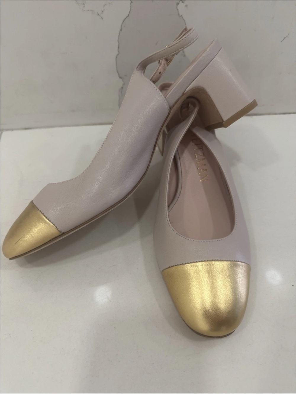 Stuart Weitzman Soft Pink Slingback Block Heel with Gold Cap Toe